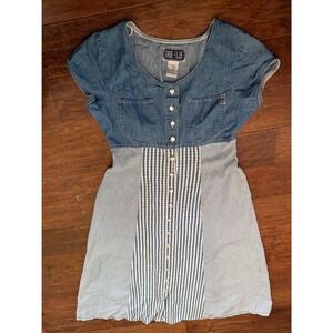 True Blue Vintage Denim Seersucker Mixed Pattern‎ Button Front Dress Blue 13/14